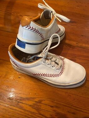Keds Bibtge White Leather Sneakers with Red Baseball Stitching